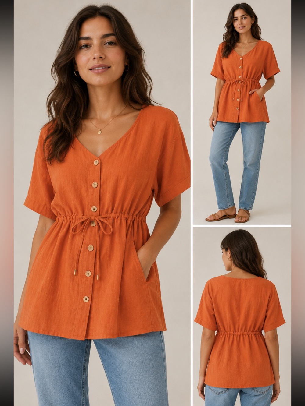 Entro Women’s S Linen Blend Drawstring Waist Tunic Subtle Sparkle Summer Classic